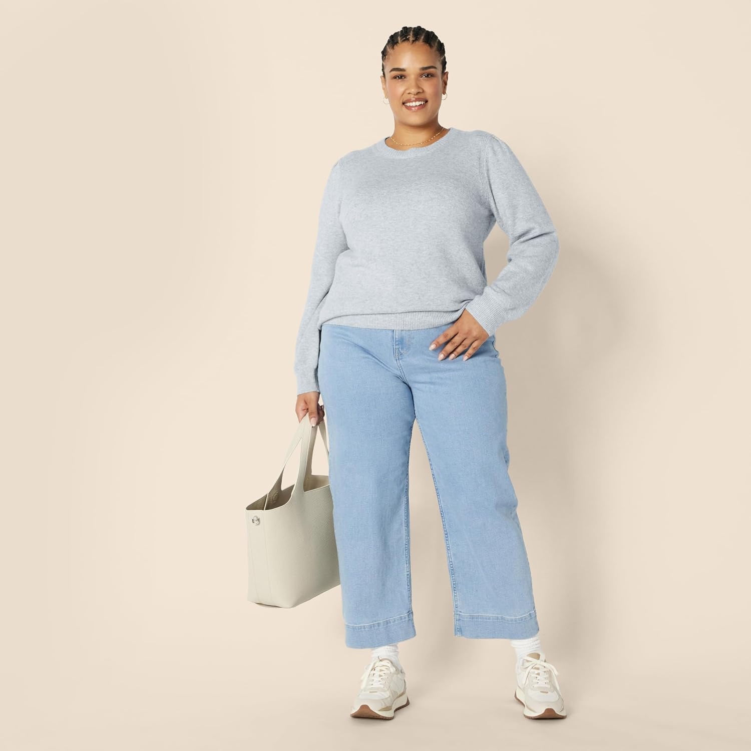 image:imageAmazon Essentials Womens Soft Touch Long Sleeve Pleated Shoulder Crewneck SweaterGrey Heather