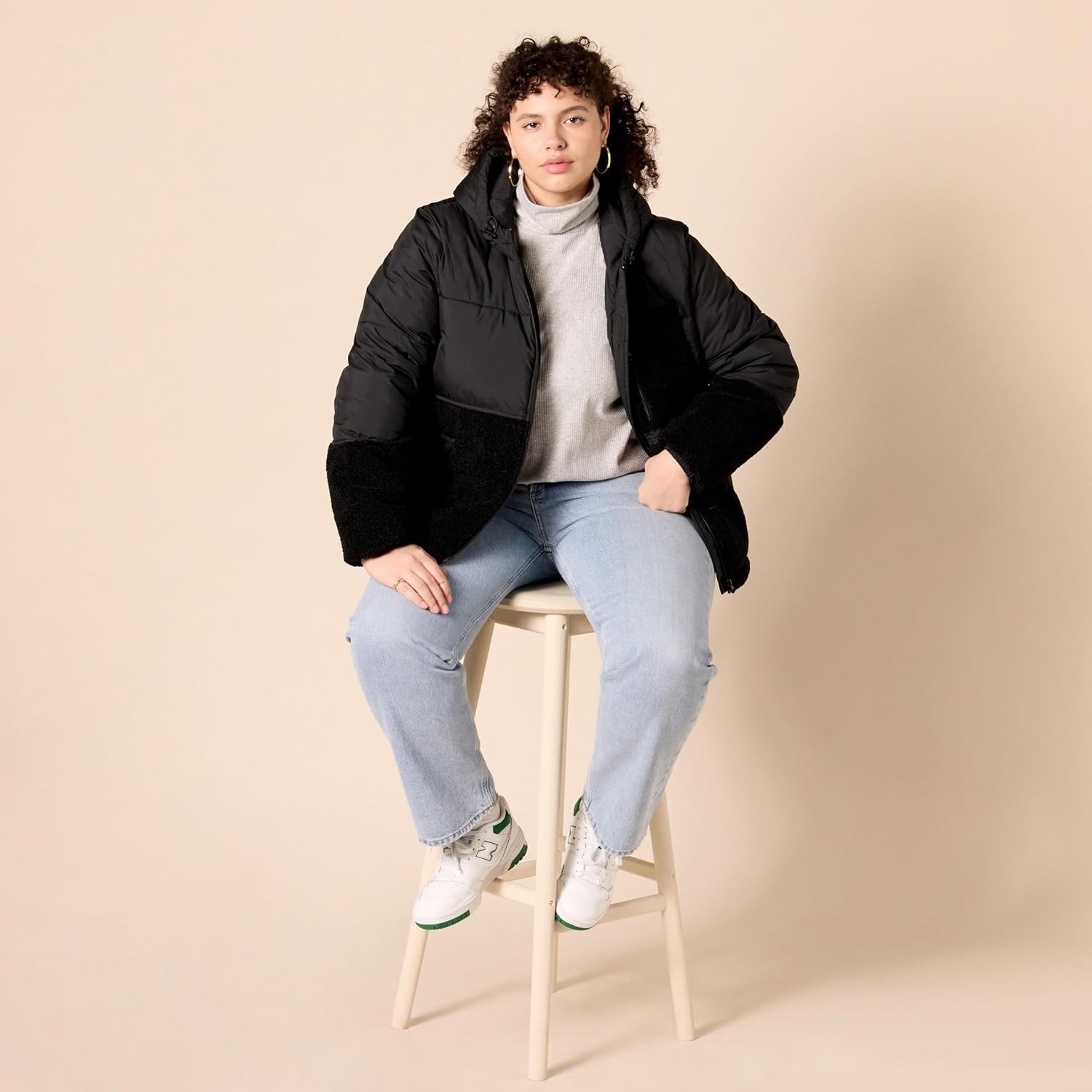 image:imageAmazon Essentials womens FullZip Sherpa Fleece Hooded Puffer JacketBlack