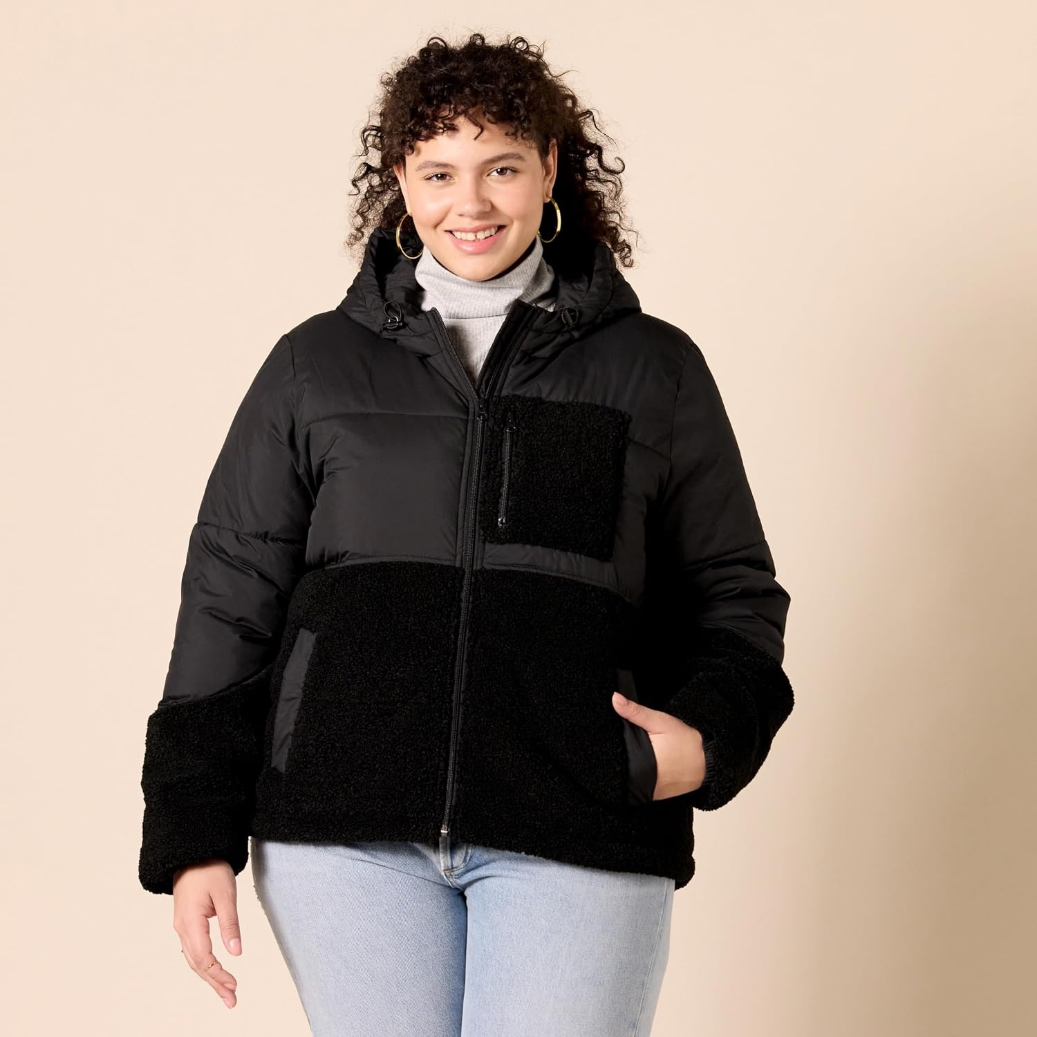 image:imageAmazon Essentials womens FullZip Sherpa Fleece Hooded Puffer JacketBlack
