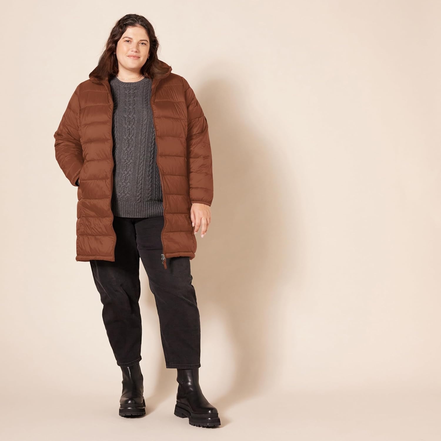 image:imageAmazon Essentials womens Lightweight WaterResistant Packable Hooded Puffer Coat Available in Plus SizeDark Toffee Brown