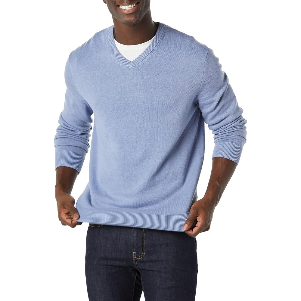 image:imageAmazon Essentials Mens Regular Fit Cotton VNeck Pullover Sweater Available in Big amp TallLight Blue