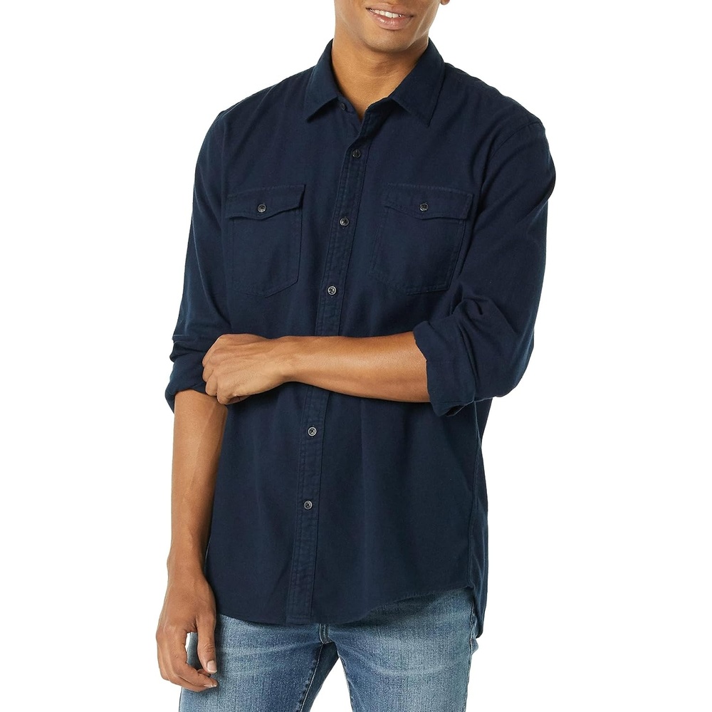 image:imageAmazon Essentials Mens RegularFit LongSleeve Flannel Casual Shirt TwoPocketNavy