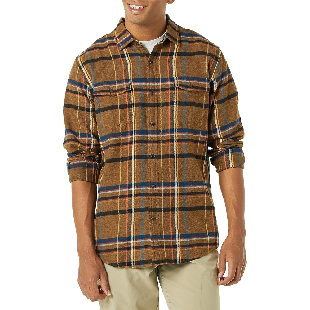 image:imageAmazon Essentials Mens RegularFit LongSleeve Flannel Casual Shirt TwoPocketTobacco Brown Plaid