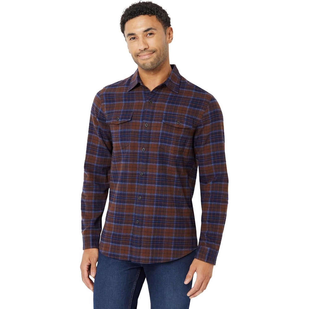 image:imageAmazon Essentials Mens SlimFit Flannel LongSleeve Button Down Shirt TwoPocket 100 Cotton PlaidNavy Chocolate Plaid