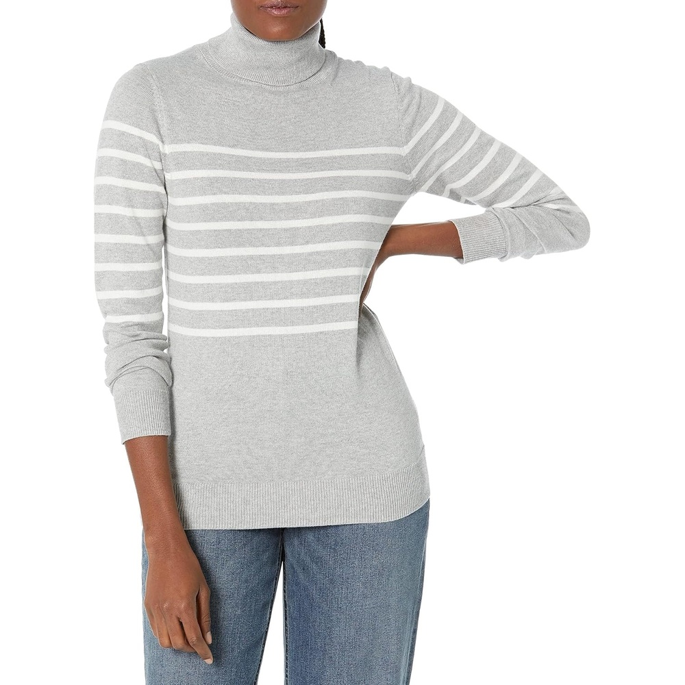 image:imageAmazon Essentials Womens ClassicFit Lightweight LongSleeve Turtleneck SweaterLight Grey HeatherWhite Placed Stripe
