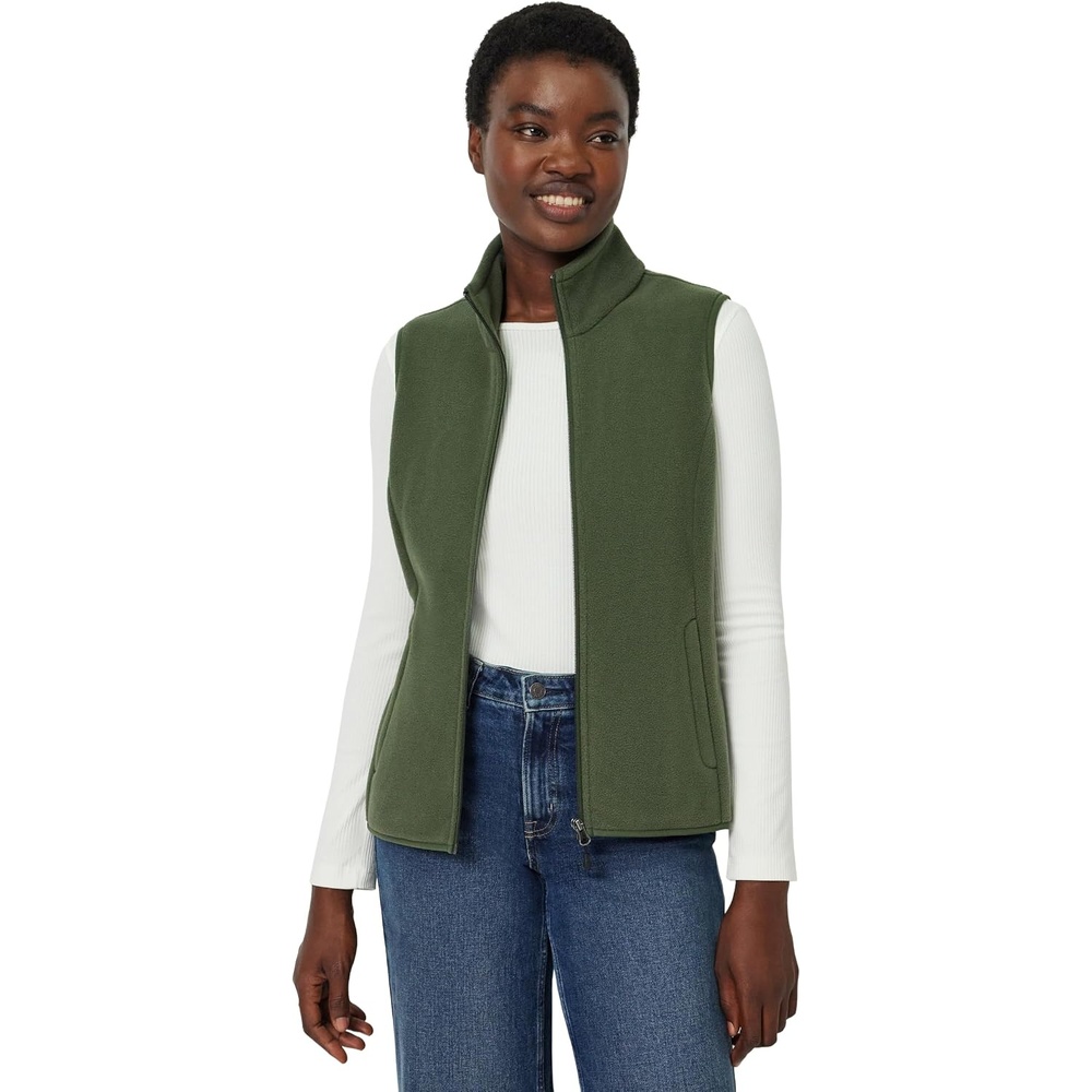 image:imageAmazon Essentials Womens ClassicFit Sleeveless Polar Soft Fleece Vest with Zip Pockets Available in Plus SizeDark Olive