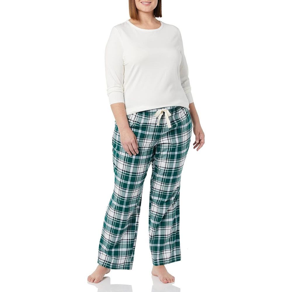 image:imageAmazon Essentials Womens Lightweight Soft Flannel Trouser and LongSleeve TShirt Sleep Set Lounge Bottoms Salmon PinkGreen White Clay Plaid
