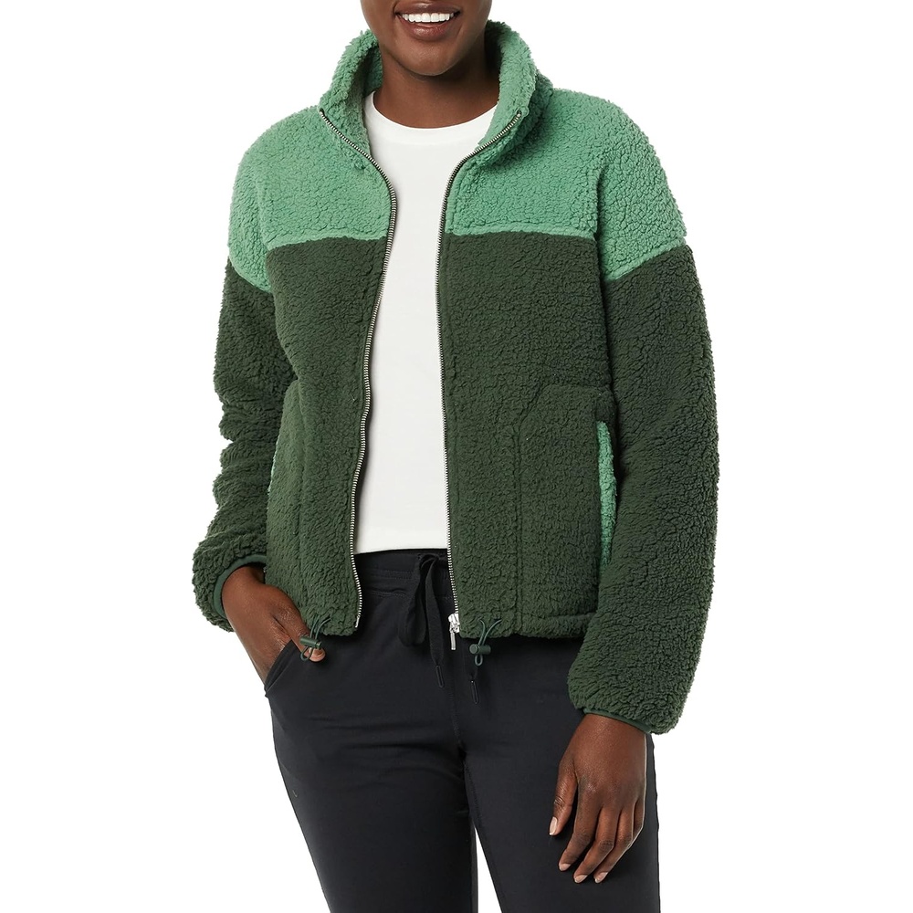 image:imageAmazon Essentials Womens Long Sleeve Fleece ZipUp Sherpa Lined Jacket with Stand NeckSage GreenDark Green Colorblock