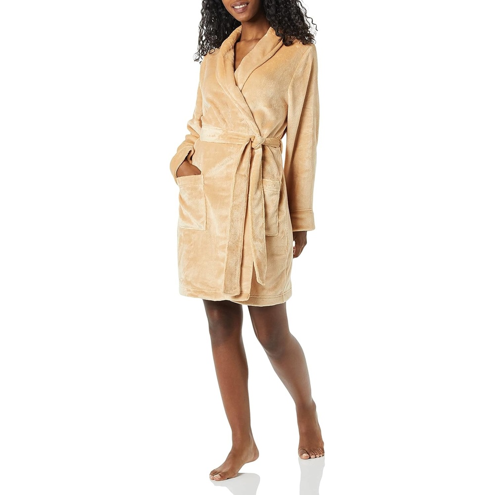 image:imageAmazon Essentials Womens MidLength Plush Bath Robe Loungewear Available in Plus SizeTan