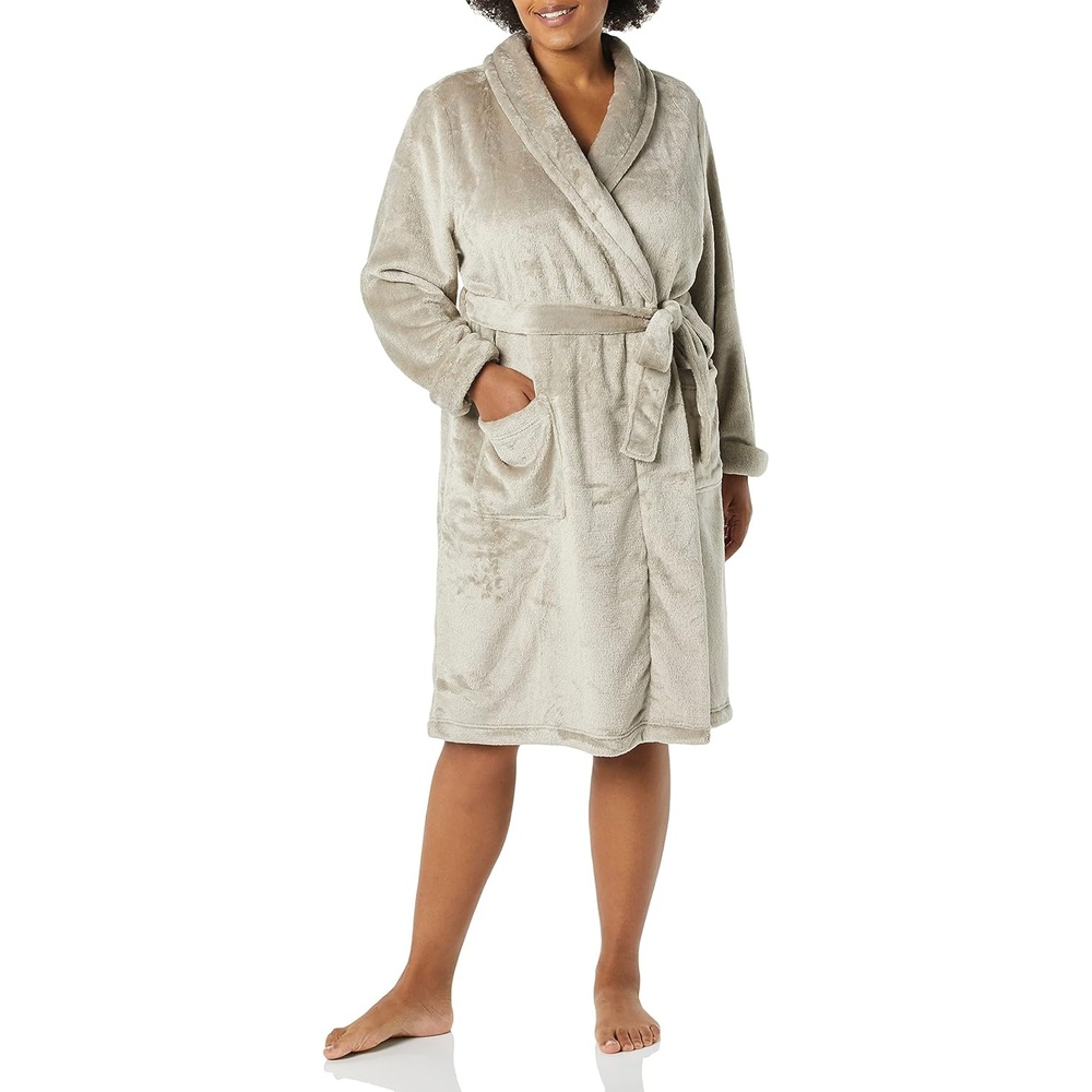 image:imageAmazon Essentials Womens MidLength Plush Bath Robe Loungewear Available in Plus SizeWarm Grey