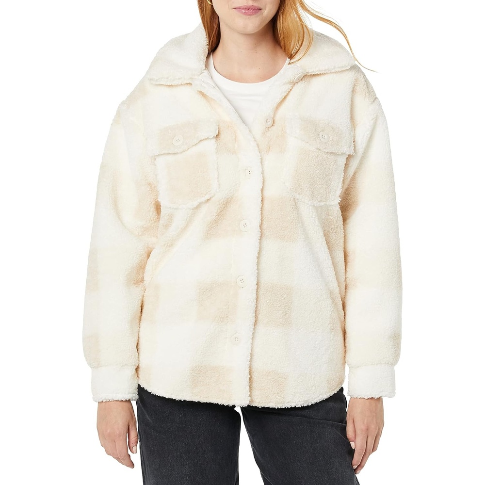 image:imageAmazon Essentials Womens Oversized Teddy Sherpa Shirt Jacket Previously GoodthreadsBeige Ivory Buffalo Plaid