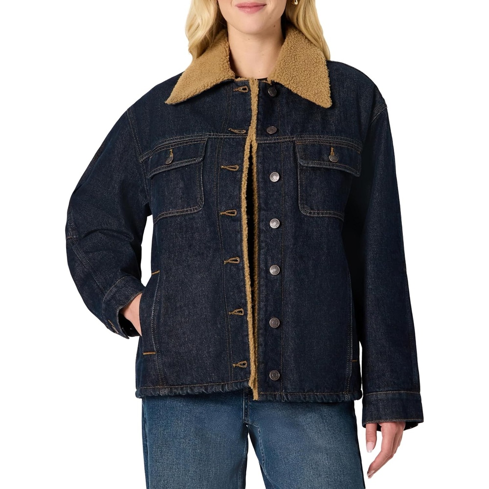 image:imageAmazon Essentials Womens OversizedFit Denim Jacket with Faux Shearling Collar and Lining HeavyweightRinse
