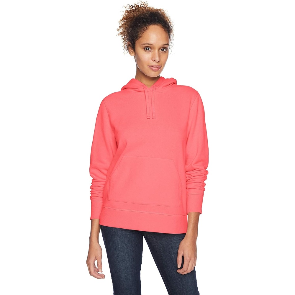 image:imageAmazon Essentials Womens RegularFit Midweight Fleece Pullover Hoodie with Kangaroo Pocket Available in Plus SizeBright Coral