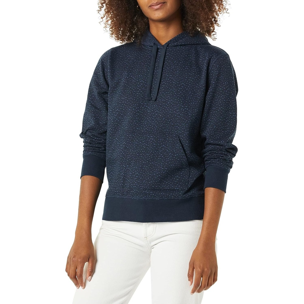 image:imageAmazon Essentials Womens RegularFit Midweight Fleece Pullover Hoodie with Kangaroo Pocket Available in Plus SizeNavy Micro Cheetah