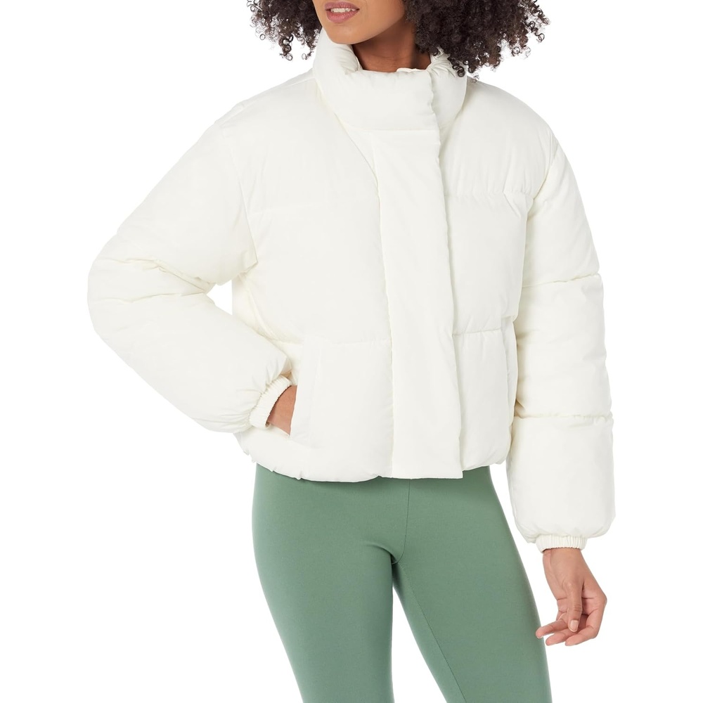 image:imageAmazon Essentials Womens Relaxed Fit Cropped FullZip Puffer Jacket with Snap Closure Quilted Matte or Sherpa FleeceEggshell White