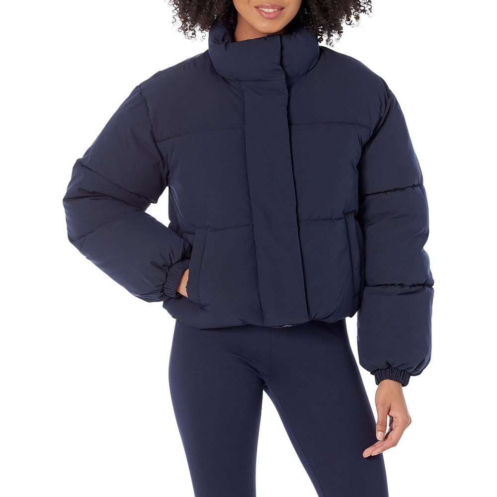 image:imageAmazon Essentials Womens Relaxed Fit Cropped FullZip Puffer Jacket with Snap Closure Quilted Matte or Sherpa FleeceNavy