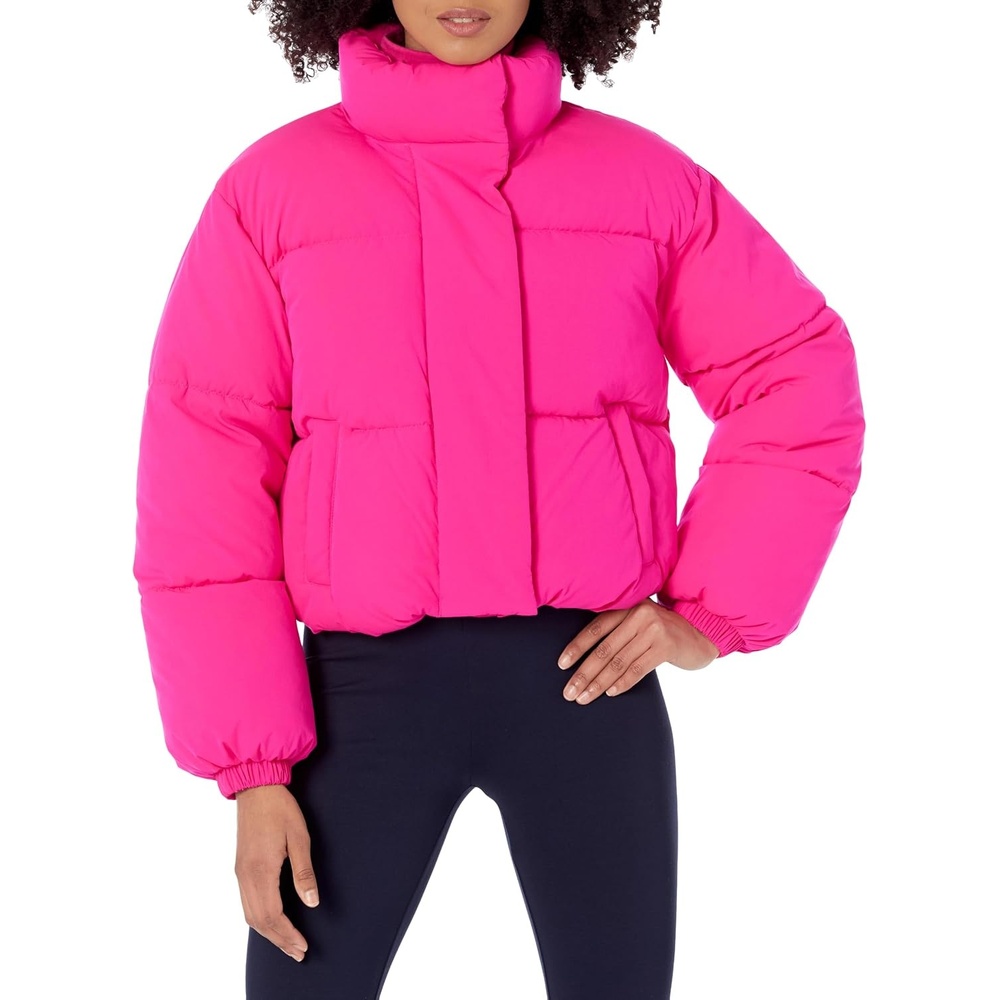 image:imageAmazon Essentials Womens Relaxed Fit Cropped FullZip Puffer Jacket with Snap Closure Quilted Matte or Sherpa FleeceNeon Pink