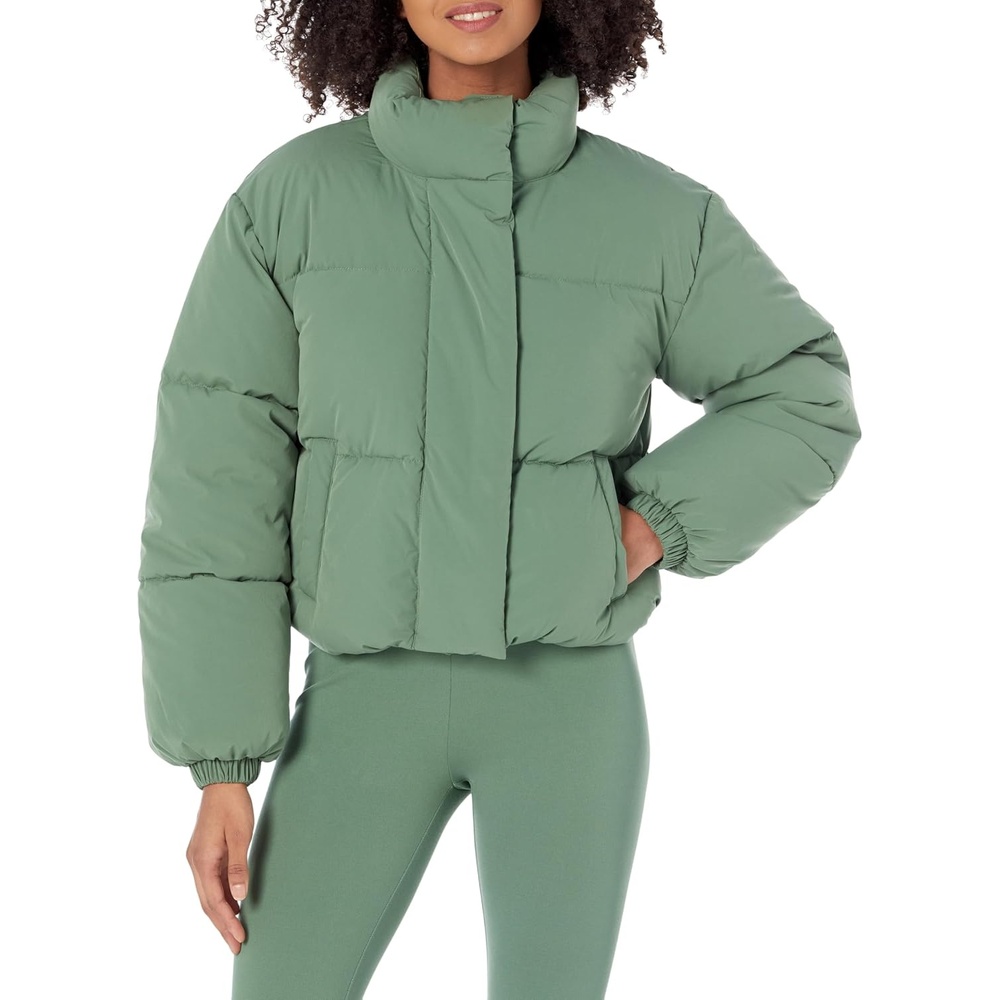 image:imageAmazon Essentials Womens Relaxed Fit Cropped FullZip Puffer Jacket with Snap Closure Quilted Matte or Sherpa FleeceSage Green