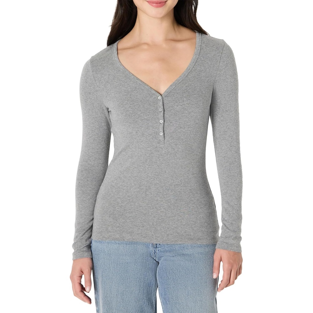 image:imageAmazon Essentials Womens Ribbed Knit Long Sleeve Henley Slim Fit TShirtGrey Heather