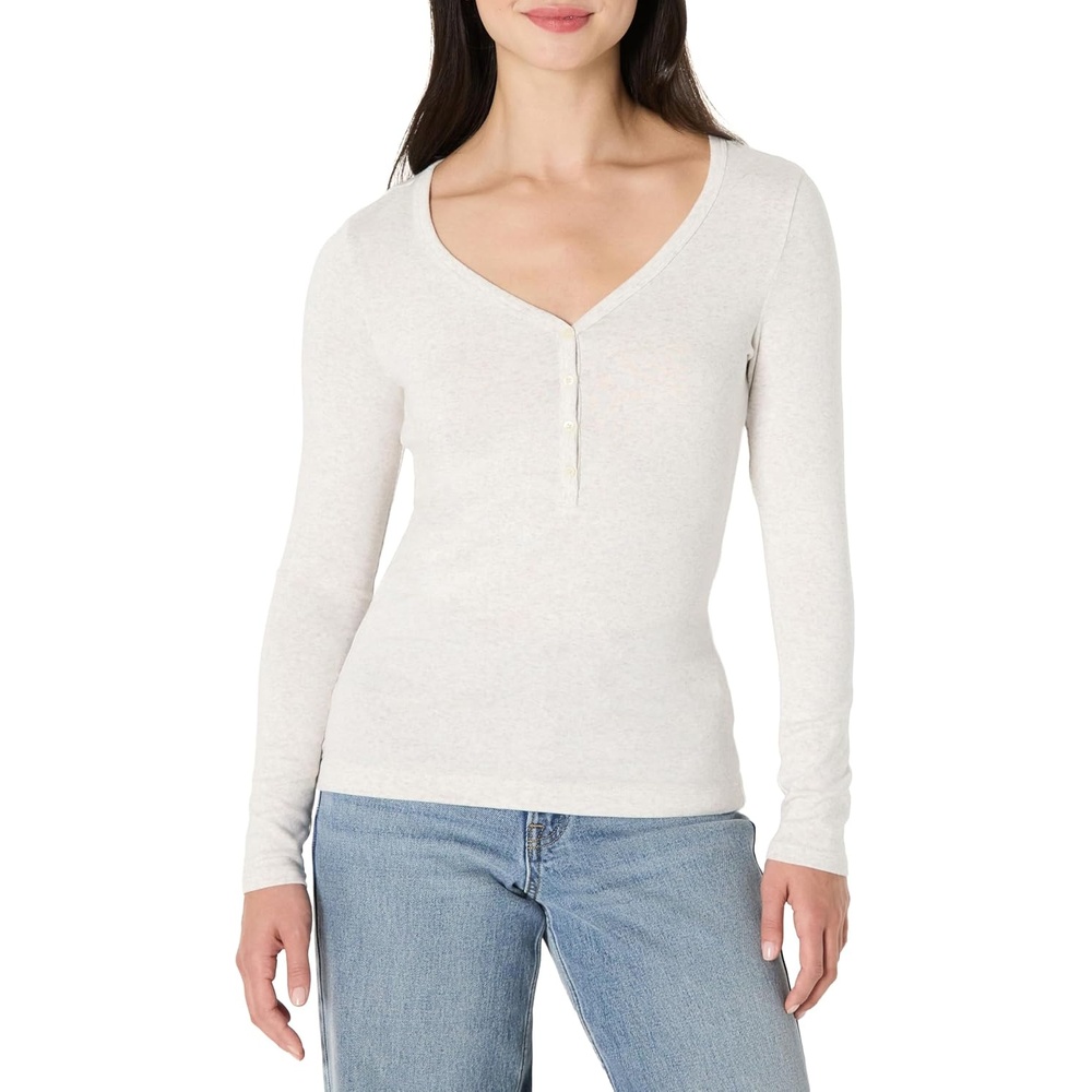 image:imageAmazon Essentials Womens Ribbed Knit Long Sleeve Henley Slim Fit TShirtOatmeal Heather
