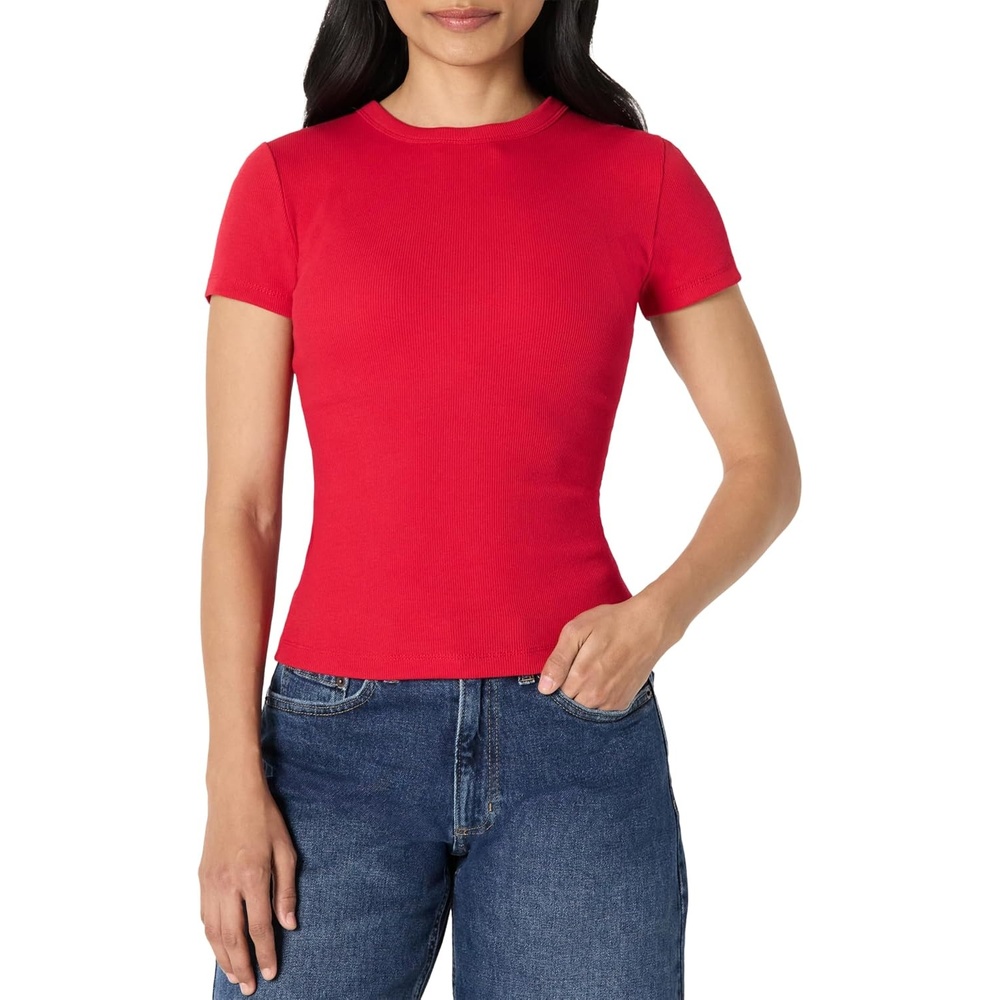 image:imageAmazon Essentials Womens SlimFit Stretch Rib Cap and Short Sleeve Crew Neckline TeeRed