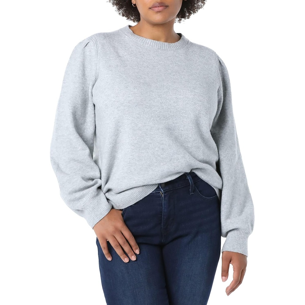 image:imageAmazon Essentials Womens Soft Touch Long Sleeve Pleated Shoulder Crewneck SweaterGrey Heather