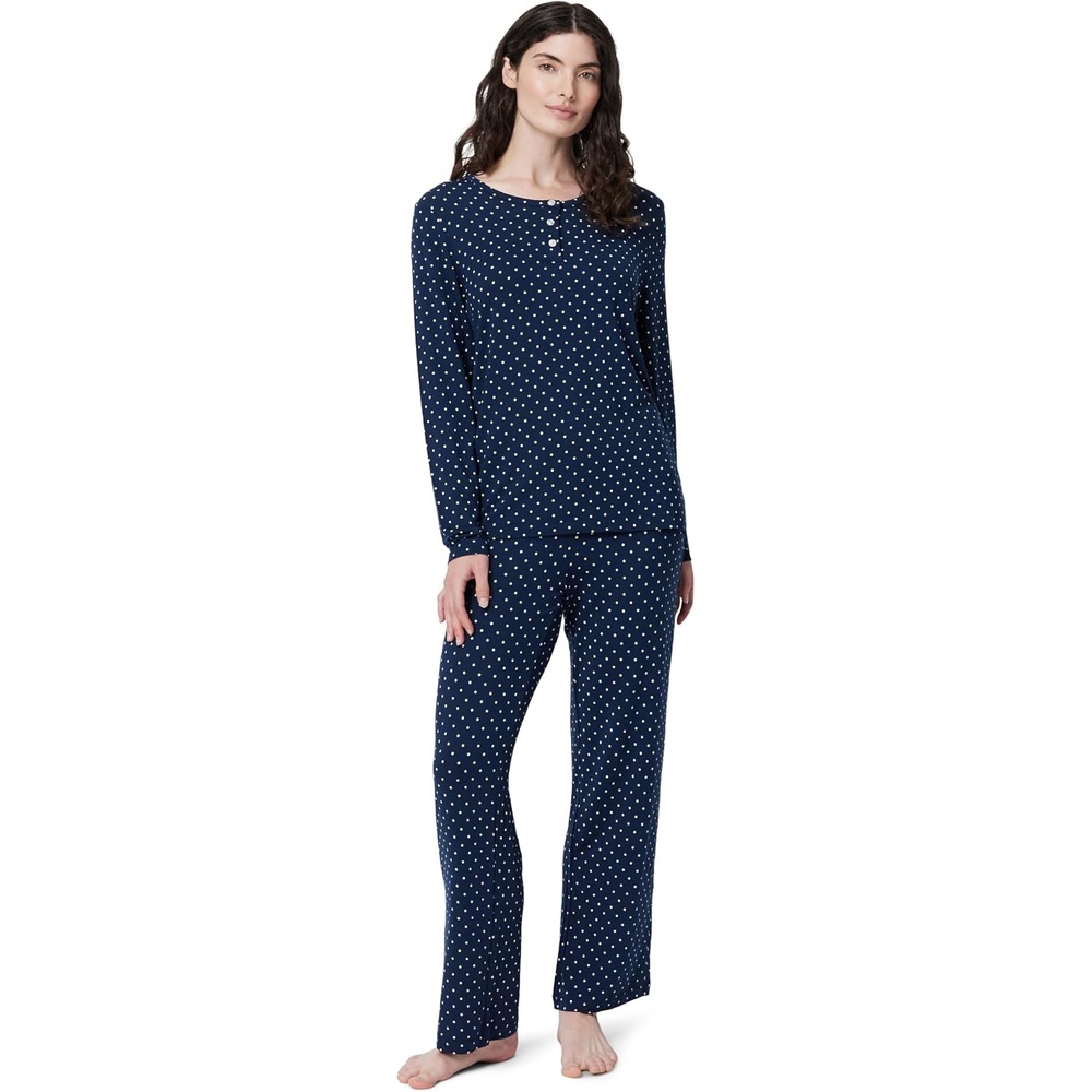 image:imageAmazon Essentials x Sofia Grainge Womens Long Sleeve Henley Pajama SetNavy Dot