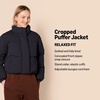 Amazon Essentials Women’s Relaxed Fit Cropped Full-Zip Puffer Jacket with Snap Closure, Quilted Matte or Sherpa Fleece(Black)