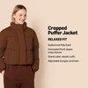 Amazon Essentials Women’s Relaxed Fit Cropped Full-Zip Puffer Jacket with Snap Closure, Quilted Matte or Sherpa Fleece(Deep Brown)