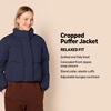 Amazon Essentials Women’s Relaxed Fit Cropped Full-Zip Puffer Jacket with Snap Closure, Quilted Matte or Sherpa Fleece(Navy)