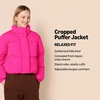 Amazon Essentials Women’s Relaxed Fit Cropped Full-Zip Puffer Jacket with Snap Closure, Quilted Matte or Sherpa Fleece(Neon Pink)