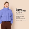 Amazon Essentials Women’s Relaxed Fit Cropped Full-Zip Puffer Jacket with Snap Closure, Quilted Matte or Sherpa Fleece(Purple Blue)