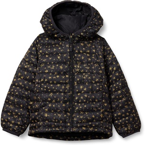 Amazon Essentials Girls and Toddlers’ Lightweight Water-Resistant Packable Hooded Puffer Jacket(Black Star)