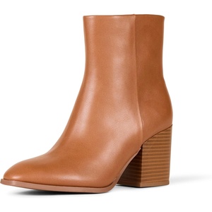 Amazon Essentials Women’s Clean Stacked Heel Ankle Boots with Side Zipper, Memory Foam Insole, Flexible Non-Slip Outsole(Tan)