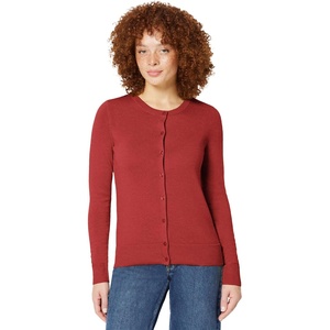 Amazon Essentials Women’s Lightweight Crewneck Cardigan Sweater(Dark Red)