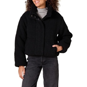 Amazon Essentials Women’s Relaxed Fit Cropped Full-Zip Puffer Jacket with Snap Closure, Quilted Matte or Sherpa Fleece(Black Teddy Sherpa)