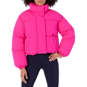 Amazon Essentials Women’s Relaxed Fit Cropped Full-Zip Puffer Jacket with Snap Closure, Quilted Matte or Sherpa Fleece(Neon Pink)
