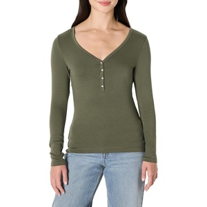 Amazon Essentials Women’s Ribbed Knit Long Sleeve Henley Slim Fit T-Shirt(Olive)
