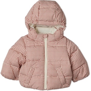 Amazon Essentials x Sofia Grainge Babies, Toddlers and Boys’ Water-Repellent Hooded Puffer Jacket(Cherry Red Windowpane)