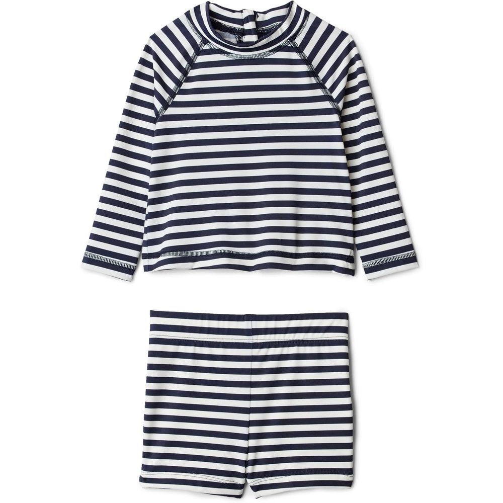 image:imageAmazon Essentials x Sofia Grainge Toddlers and Baby Boys TwoPiece Long Sleeve Rashguard and Shorts SetIvory Navy Even Stripe