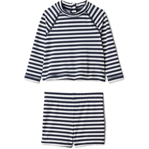 Amazon Essentials x Sofia Grainge Toddlers and Baby Boys’ Two-Piece Long Sleeve Rashguard and Shorts Set(Ivory Navy Even Stripe)